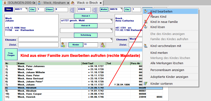 Person aus Familie aufrufen