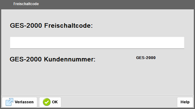 Dialog zur Eingabe des GES-2000 Freischaltcodes
