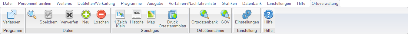 Ribbon-Leiste der Ortsverwaltung mit den Panes Sonstiges, Ortsübernahme und Einstellung